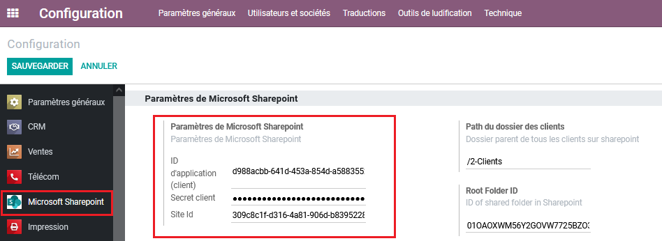 Configuration du service SharePoint