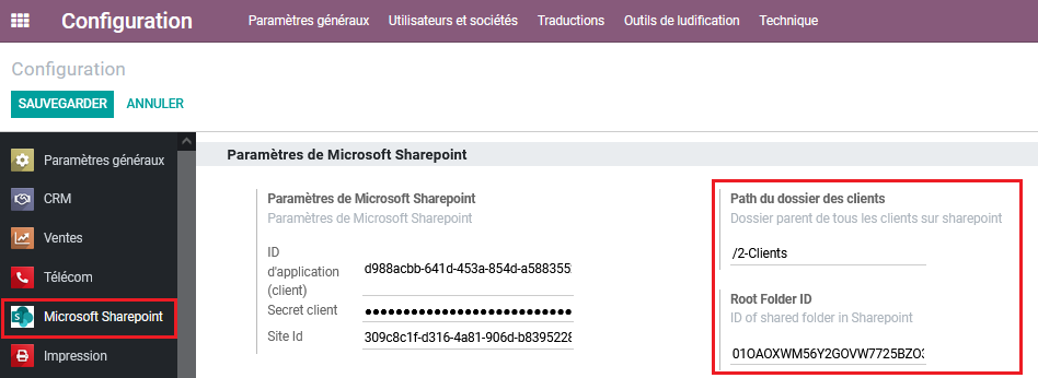Configuration du dossier SharePoint